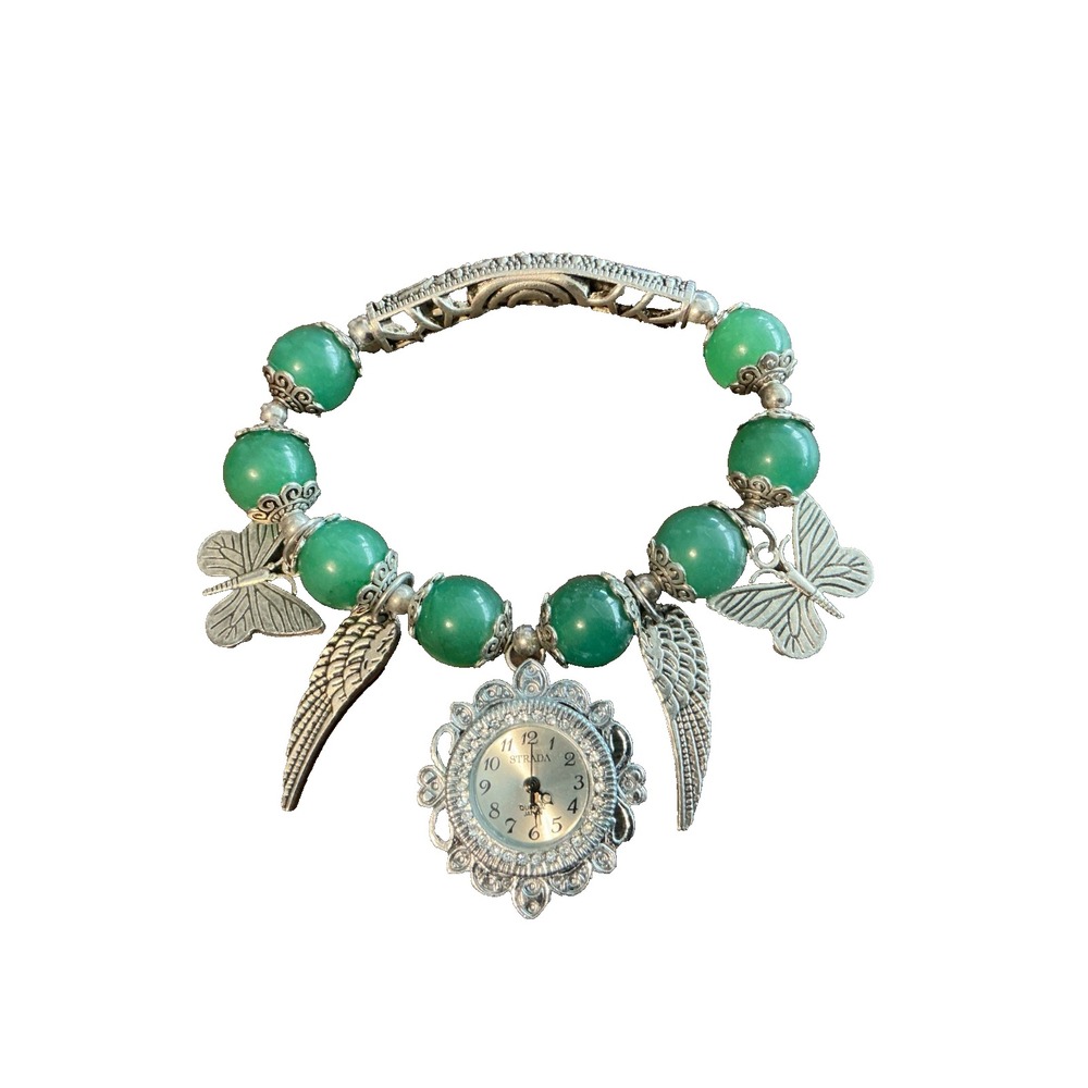 STRADA Stainless Steel Unique Watch Beaded Stretch Emerald Beads